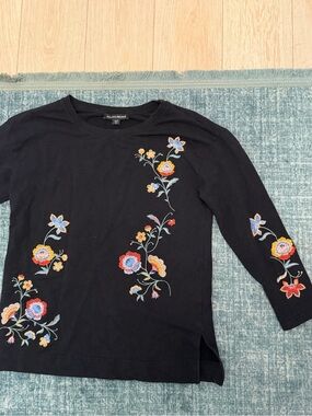 Eddie Bauer Black Long-Sleeve Top with Multicolor Floral Embroidery